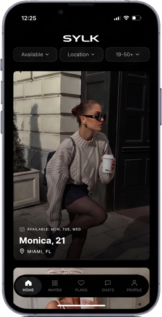 SYLK home screen showing a member profile with her available days and city