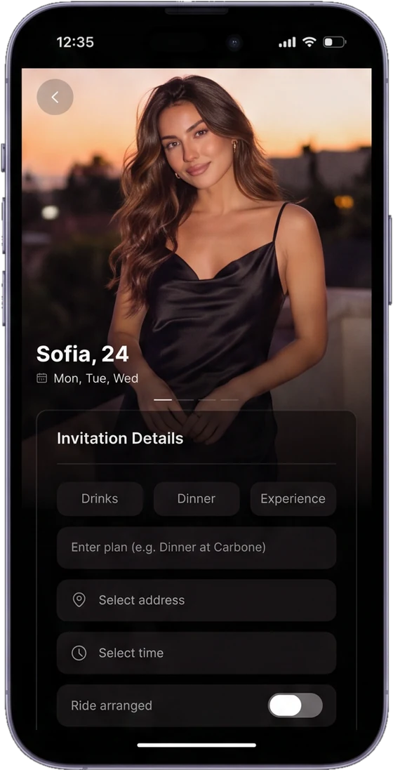 SYLK invitation screen: choose drinks, dinner or an experience, then add the plan, address, time and ride